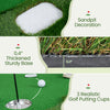 Golf putting green mat measuring 10 x 3.5ft features three hole cups and flags for backyard or office practice.