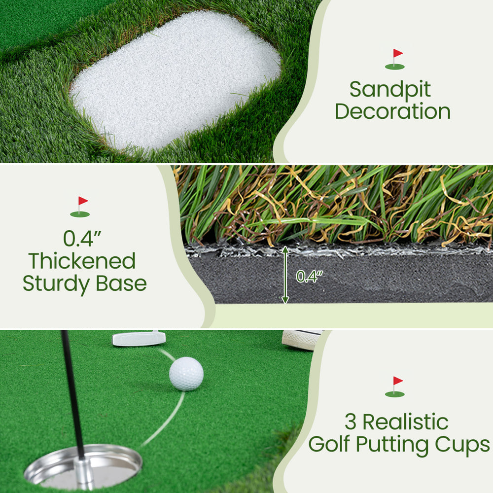Golf putting green mat measuring 10 x 3.5ft features three hole cups and flags for backyard or office practice.