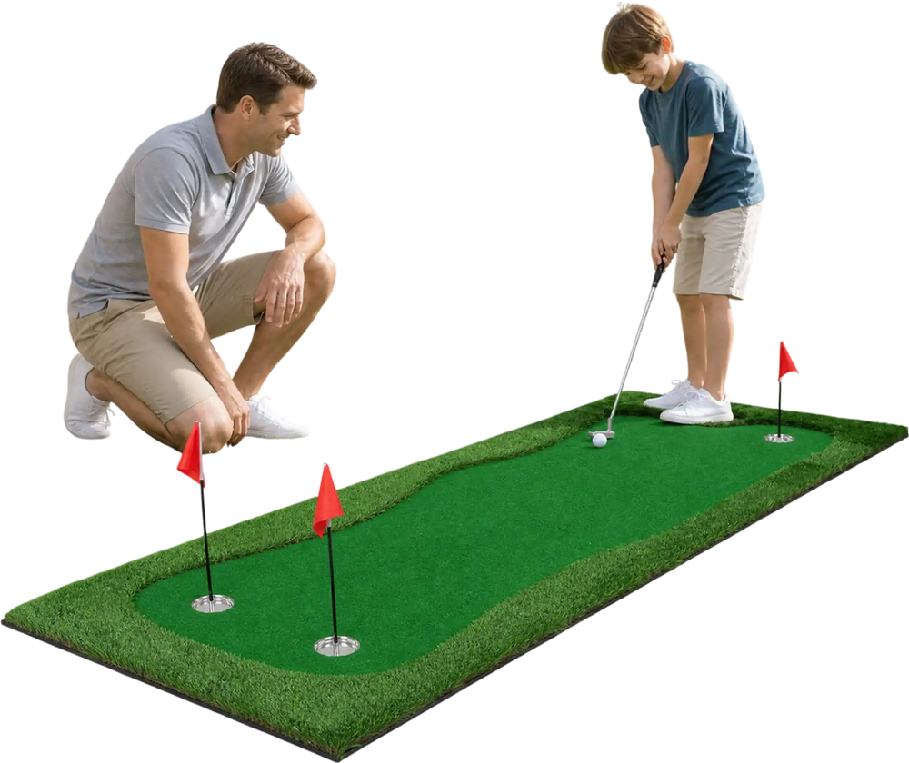 Golf putting green measuring 10 x 3.5ft with three hole cups and flags, ideal for backyard or office practice.