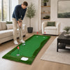 Golf putting green measuring 10 x 3.5ft features three hole cups and flags, ideal for home or office practice.