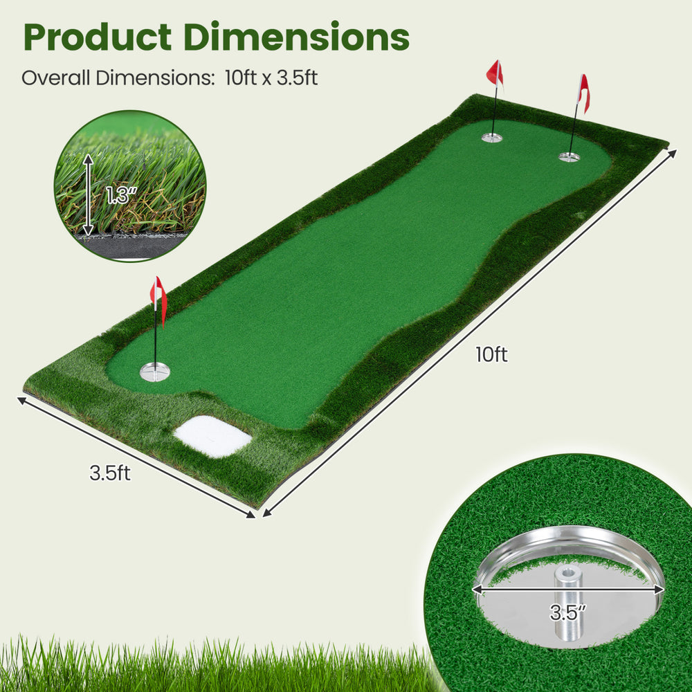 10 x 3.5ft golf putting green featuring three hole cups and flags, ideal for home, backyard, or office practice.