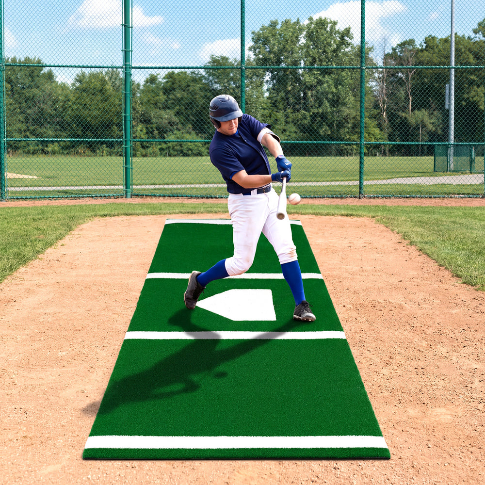 Baseball hitting mat with home plate, 10 x 3.8 ft, featuring anti-slip backing for safe practice on any surface.