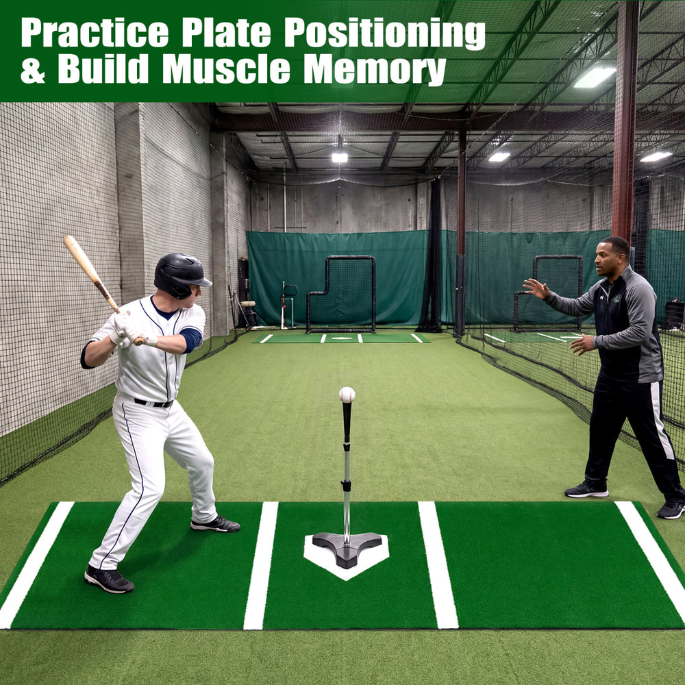 Baseball hitting mat with home plate, featuring clear markings and anti-slip backing for pro-level practice indoors or.