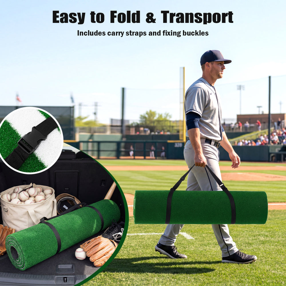 Baseball and softball hitting mat, 10 x 3.8 ft, green, with carry strap for easy transport and anti-slip backing.