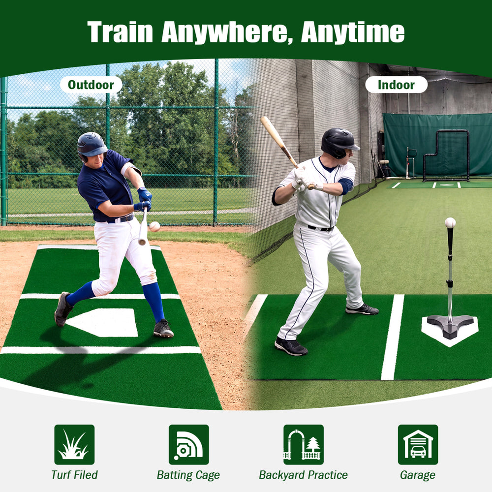 Baseball and softball hitting mat with home plate, dual-sided design, ideal for indoor and outdoor training.