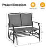 Iron patio rocking chair dimensions showing seating for two, durable metal frame, and suitable for outdoor use.