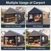 Portable garage with gray PE cover, dual doors, and mesh windows for versatile storage and outdoor gatherings.