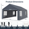 Portable garage measuring 10x20 ft with a gray PE cover, featuring dual doors and four mesh windows for ventilation.