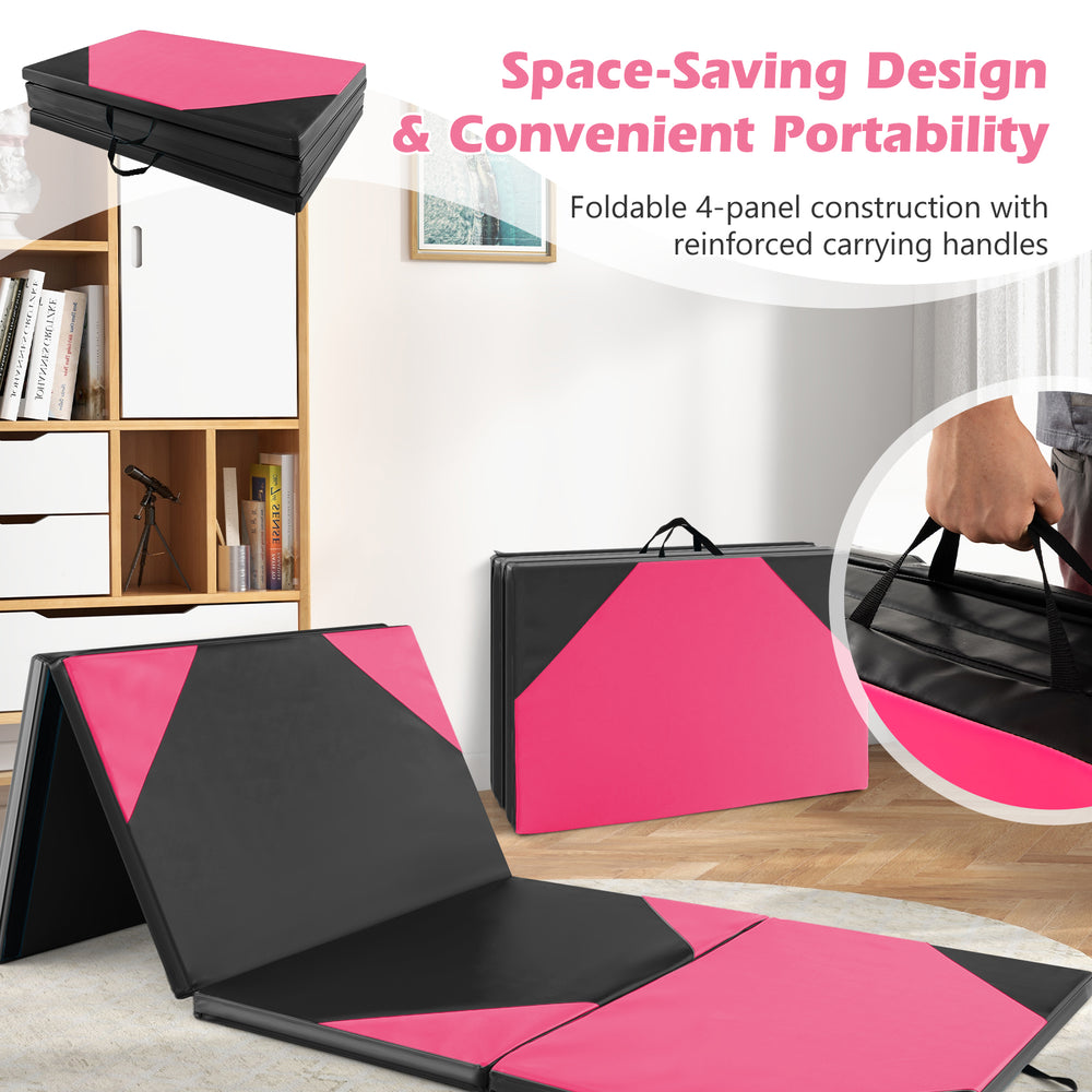 Folding exercise mat in black and pink, featuring a four-panel design and carrying handles for easy transport and.