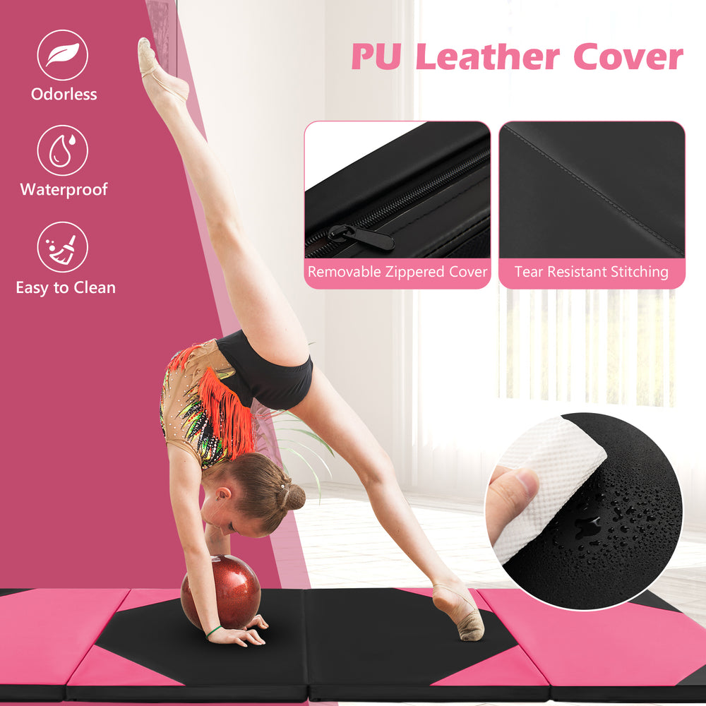 Folding exercise mat in black and pink, featuring a removable zippered PU leather cover for easy cleaning and.