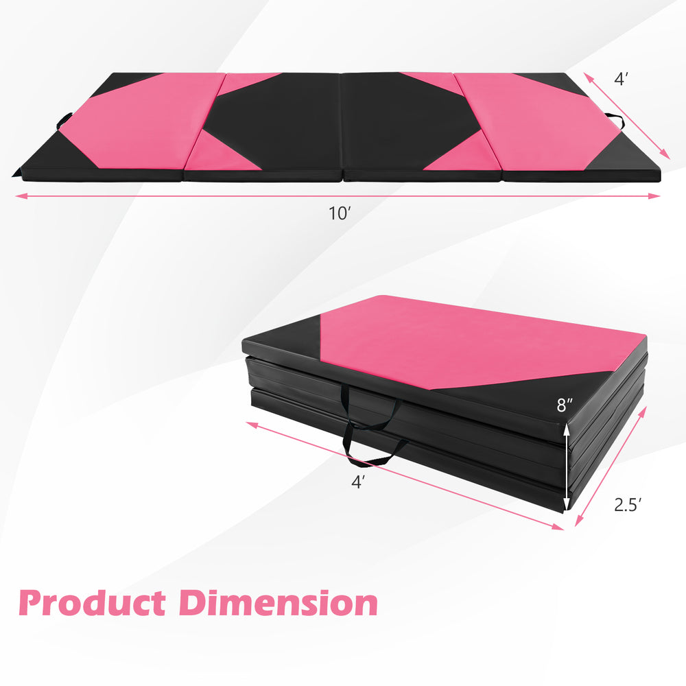 Folding exercise mat in black and pink, 10' x 4' x 2", featuring a four-fold design for easy storage and transport.