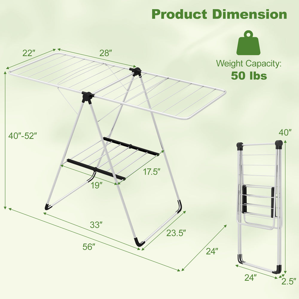 2-Tier laundry drying rack with adjustable wings, aluminum frame, and compact foldable design for easy storage.
