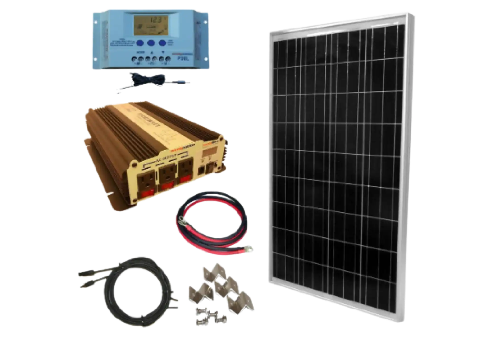WindyNation SOK-100WPI-15 Complete 100 Watt Solar Panel Kit with 1500W VertaMax Power Inverter for 12 Volt Battery Systems New