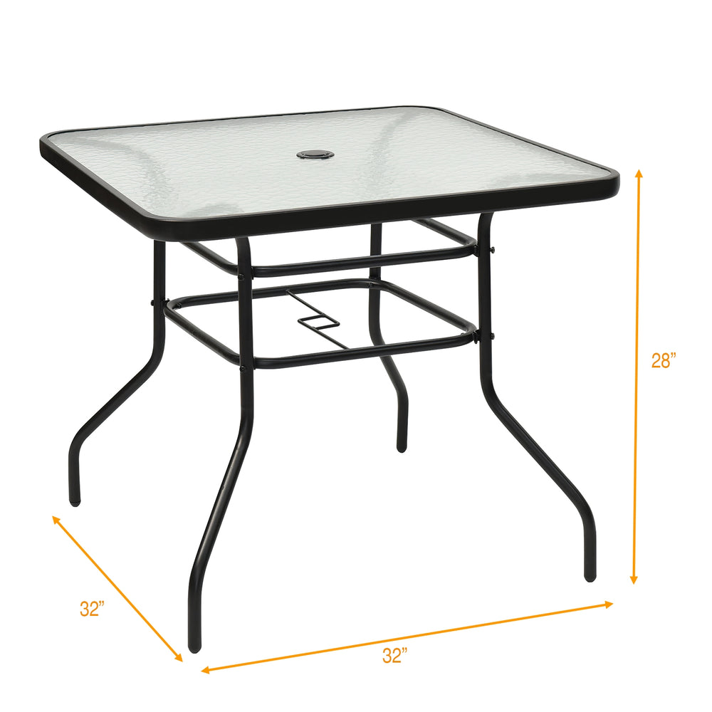 Square 32-inch patio table with tempered glass top and black steel frame, ideal for outdoor dining and umbrella use.