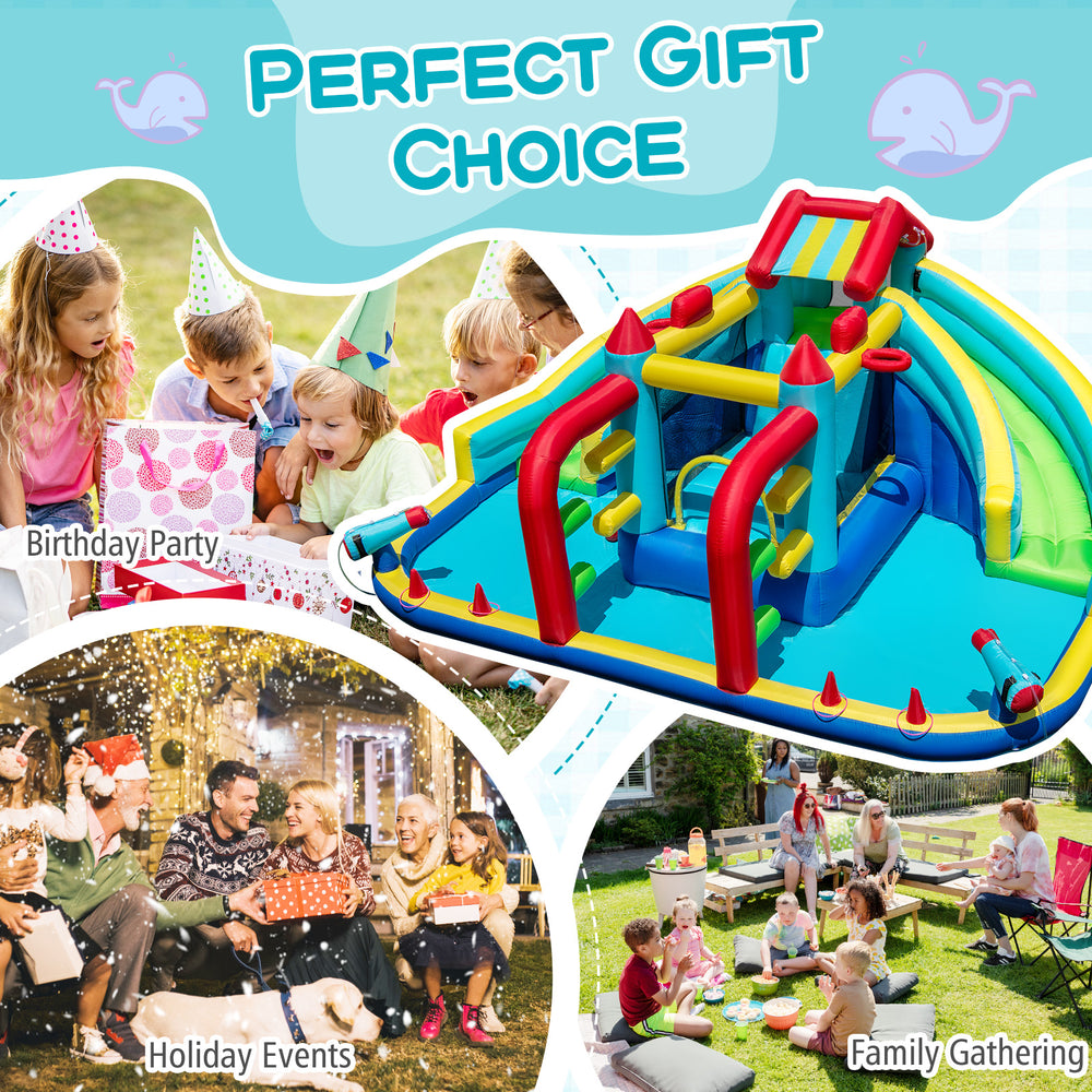 Inflatable Double Water Slide Park with obstacle course, featuring double slides, water cannons, and climbing wall for.
