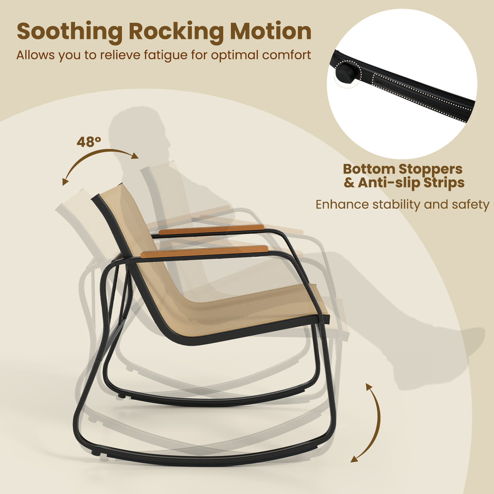 Brown rocking bistro chair set with ergonomic design, breathable fabric, and non-slip pads for outdoor comfort.
