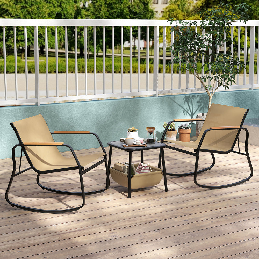 3-piece rocking bistro set with brown chairs and side table, perfect for outdoor relaxation on the porch or patio.