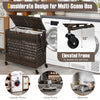 Brown 110L 2-section laundry hamper with removable liner bags, elevated frame, and wheels for easy mobility in various.