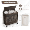 Brown 110L 2-section laundry hamper with removable liner bags, steel frame, and wheels for easy mobility and storage.