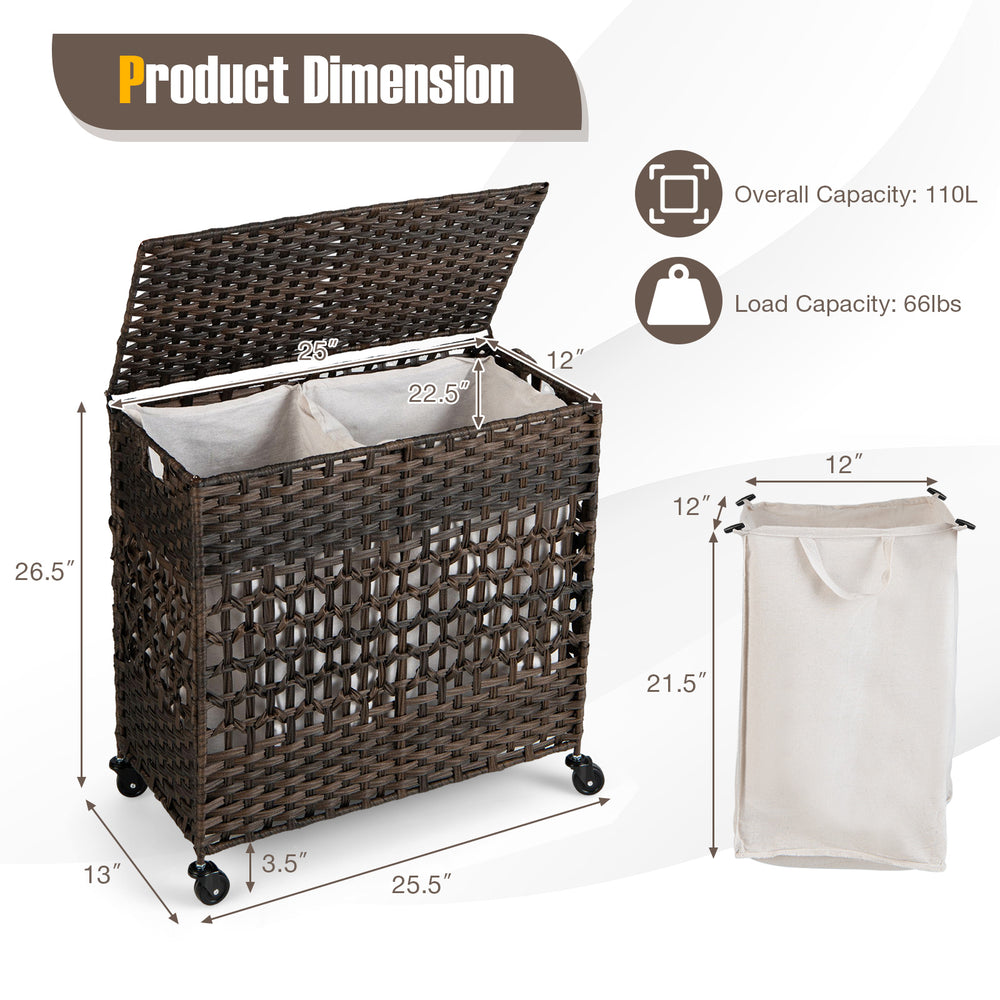 Brown 110L 2-section laundry hamper with removable liner bags, steel frame, and wheels for easy mobility and storage.