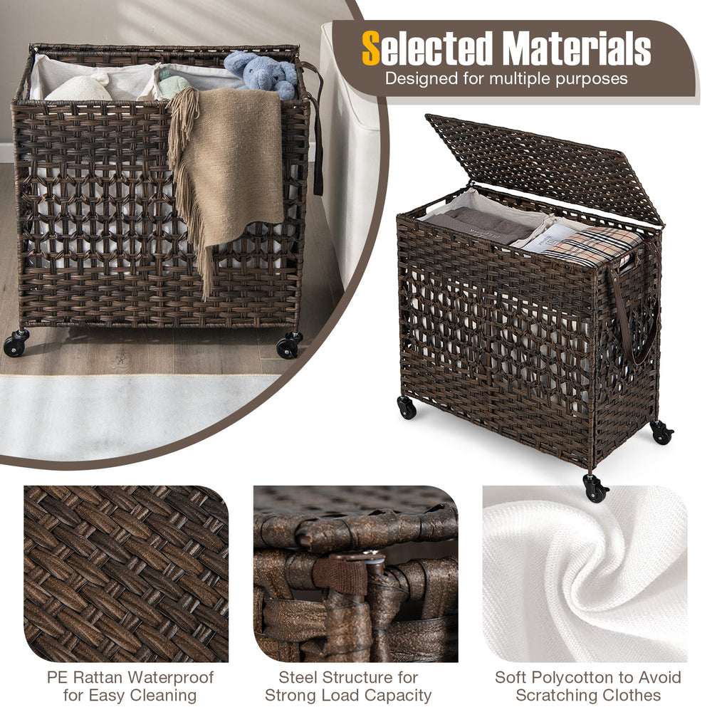 Brown 110L 2-section laundry hamper with removable liner bags, steel frame, and wheels for easy mobility and sorting.