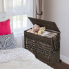 Brown 110L laundry hamper with flip-up lid, removable liner bags, and wheels for easy transport in any room.