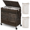 Brown 110L laundry hamper featuring a durable PE rattan design, removable liner bags, and a convenient flip-up lid for.