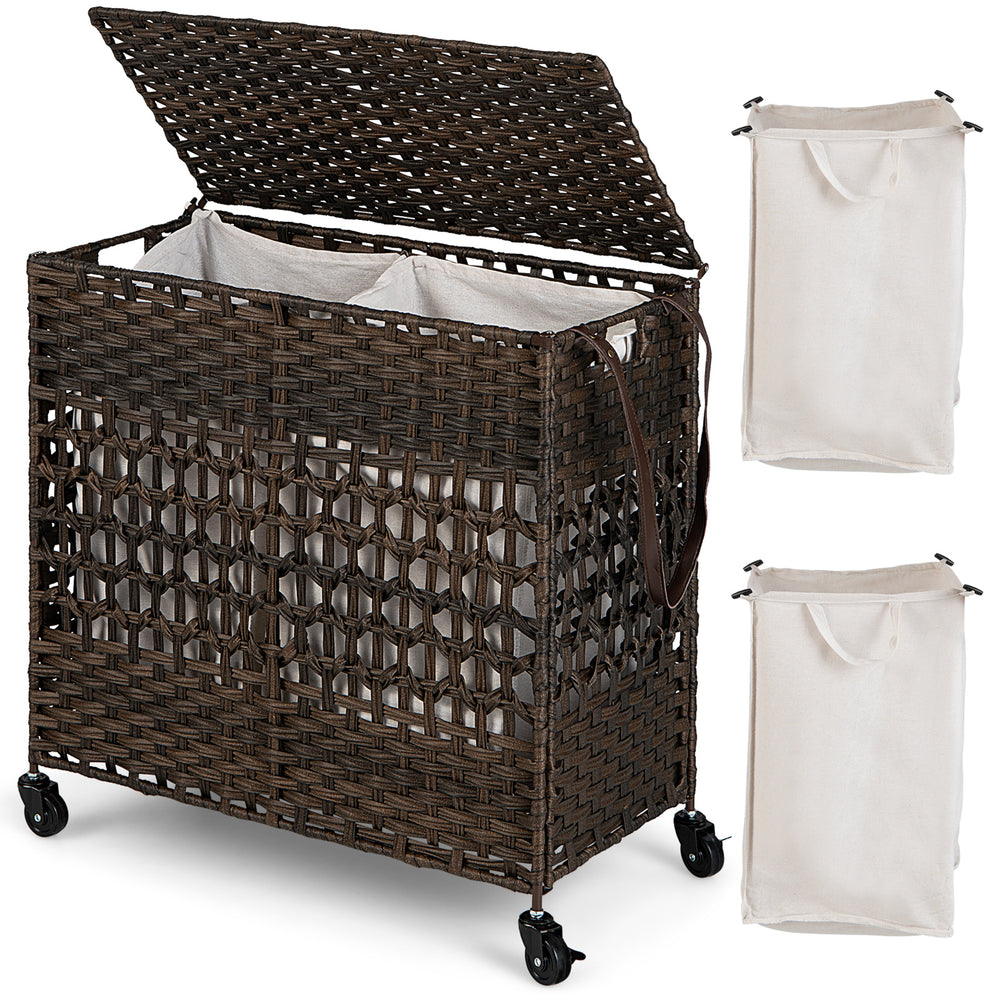 Brown 110L laundry hamper featuring a durable PE rattan design, removable liner bags, and a convenient flip-up lid for.