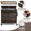 Brown 110L 2-section laundry hamper with removable liner bags, metal connections, and wheels for easy mobility.