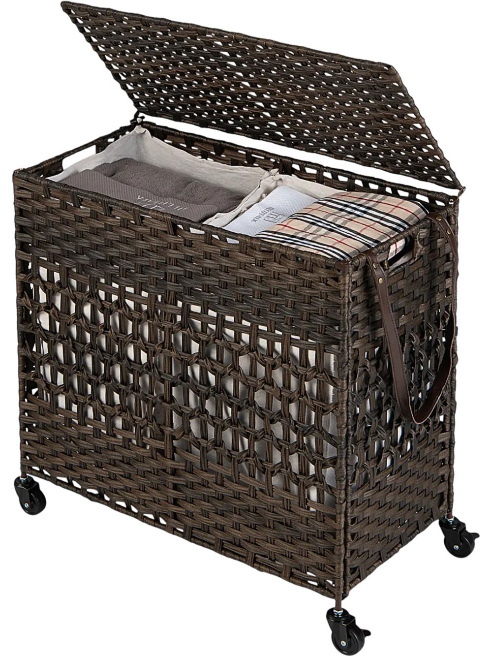 Brown 110L laundry hamper with a collapsible design, side handles, and universal wheels for convenient transport and.