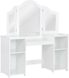 Kids tri-folding mirror makeup dressing vanity table set in white with four storage compartments for safe use.