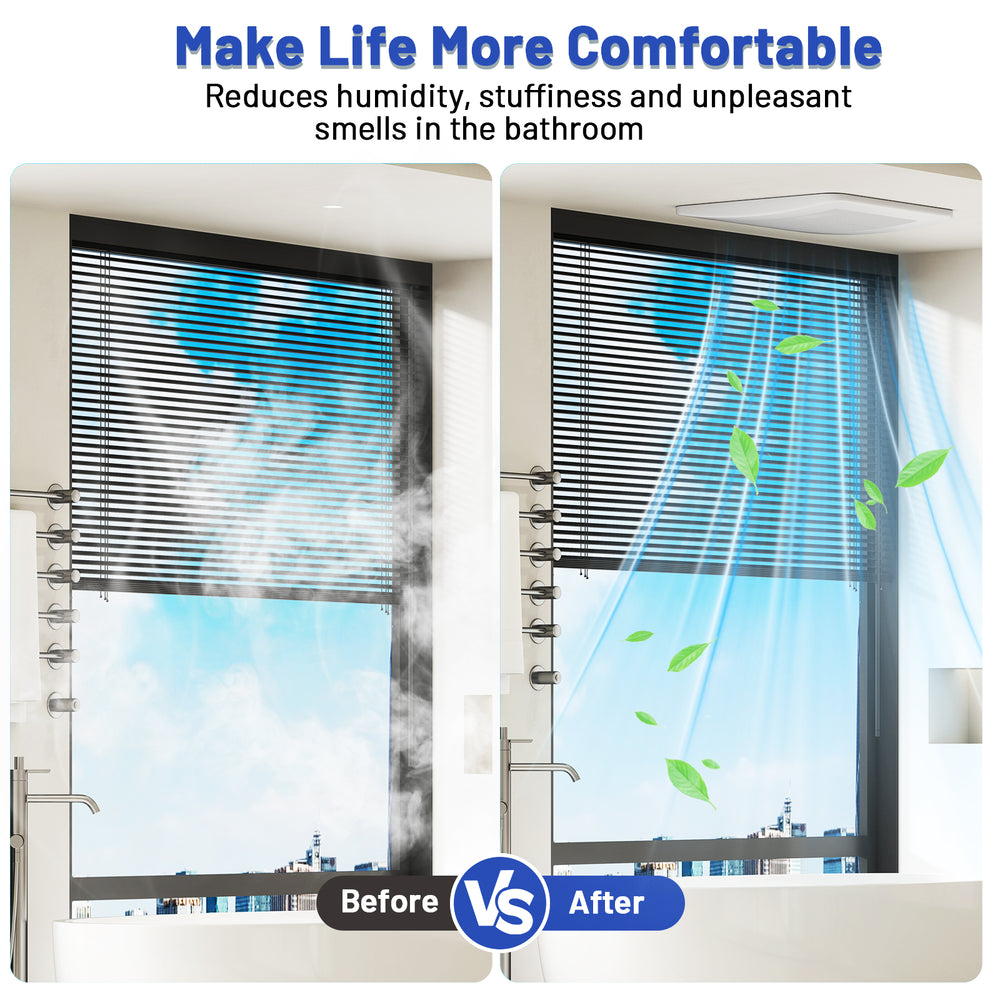 Ceiling mount bathroom fan with 50/80/110 CFM airflow, galvanized housing, and low noise for efficient ventilation.