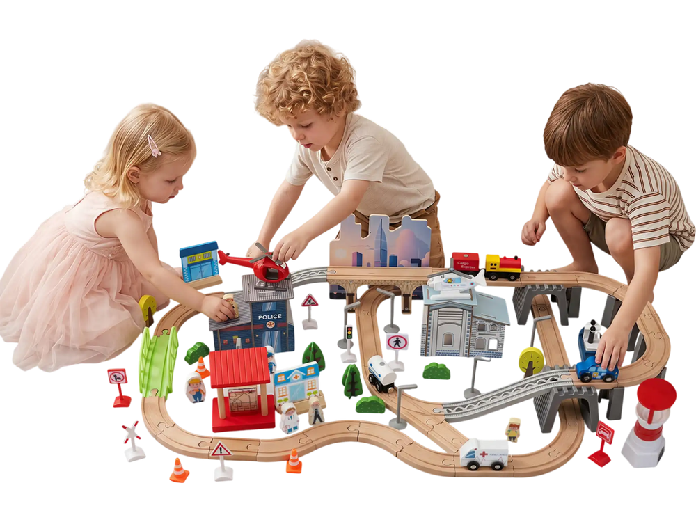 Children play with the 110-piece wooden train table featuring vehicles, figures, and traffic signs for interactive learning.