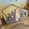 Twin size grey house bed with LED lights and open windows, perfect for kids' independent sleep and play.