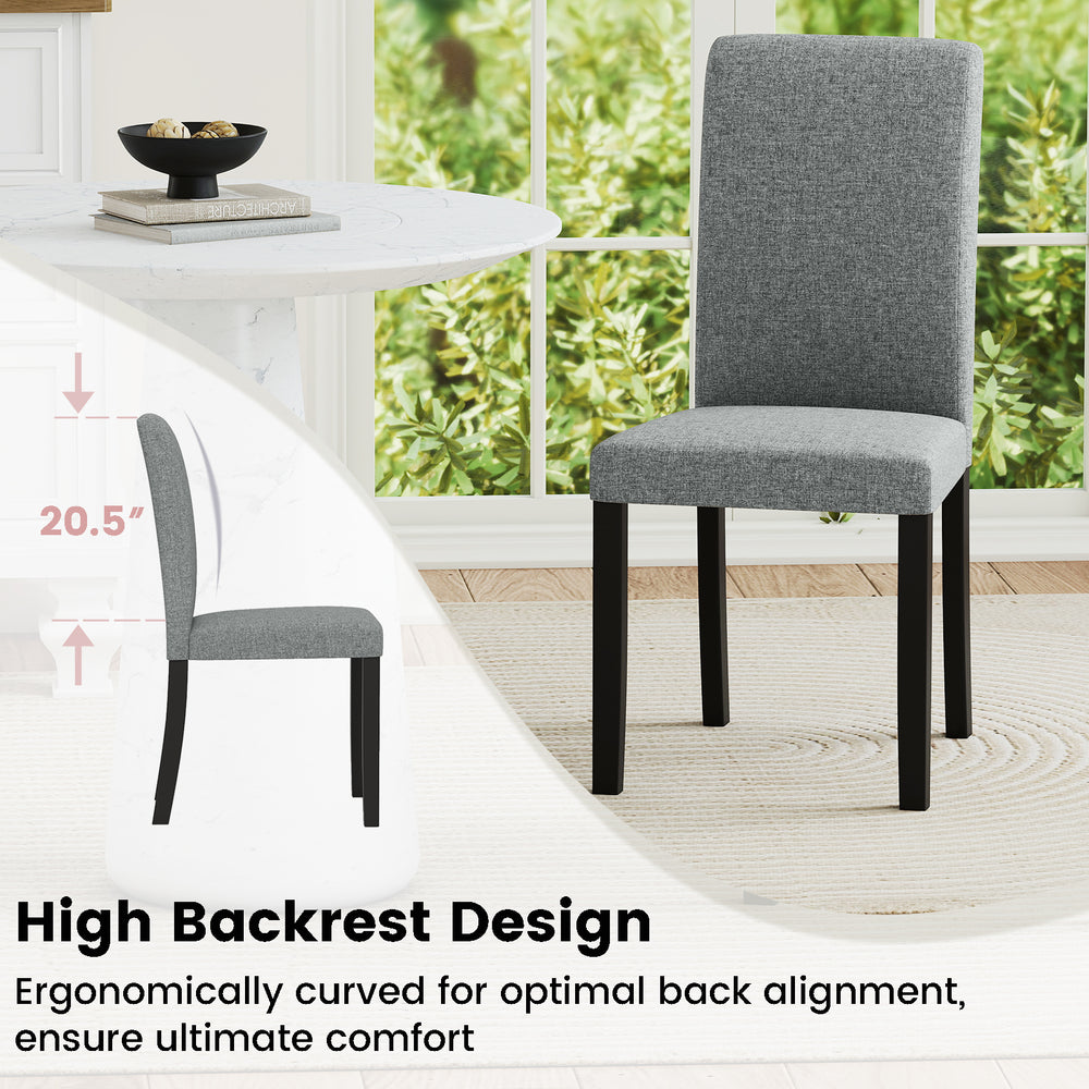 Mid-century modern dining chair with gray polyester fabric, rubber wood legs, and high backrest for optimal comfort.
