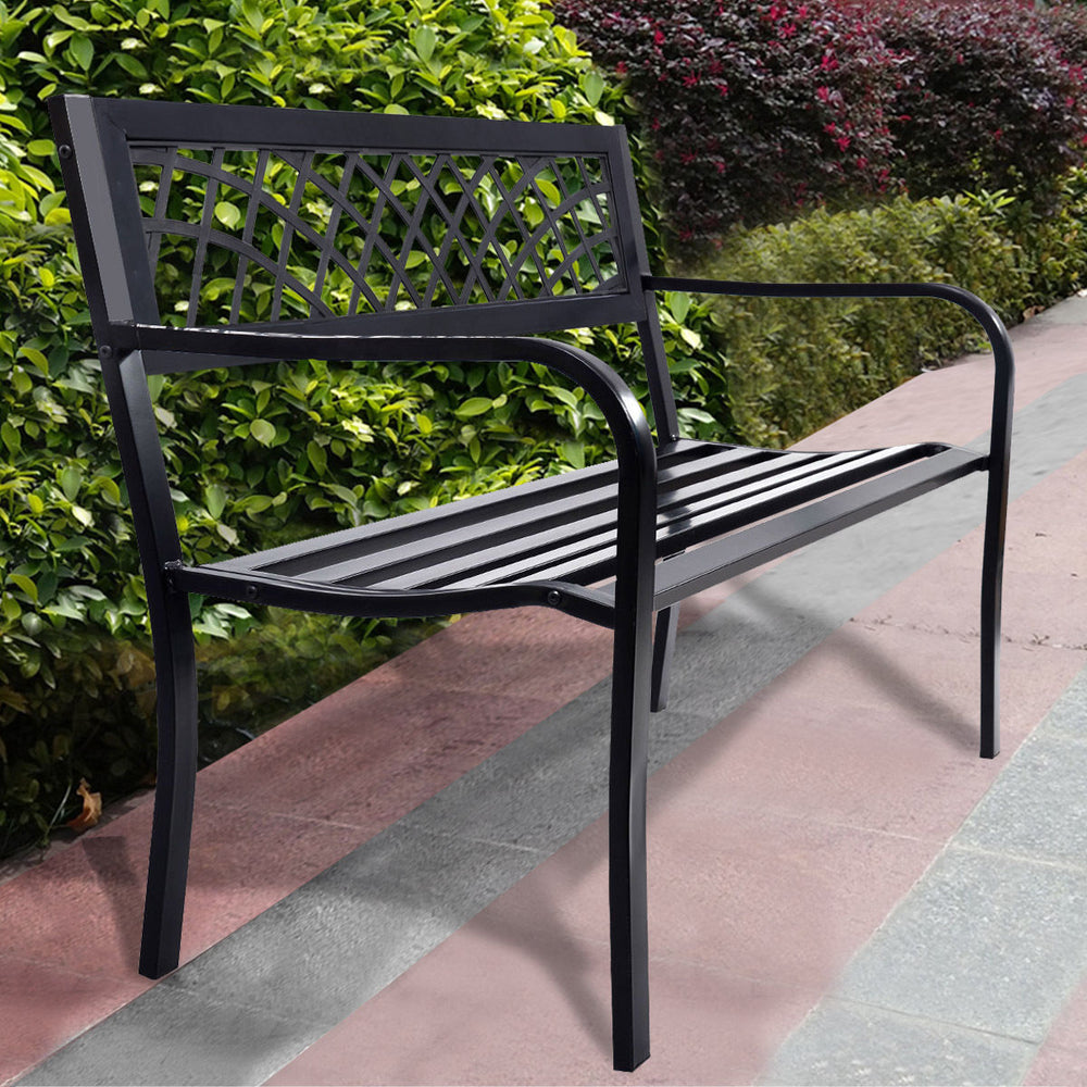 Black steel frame bench with PVC backrest mesh, perfect for outdoor seating in gardens or patios.