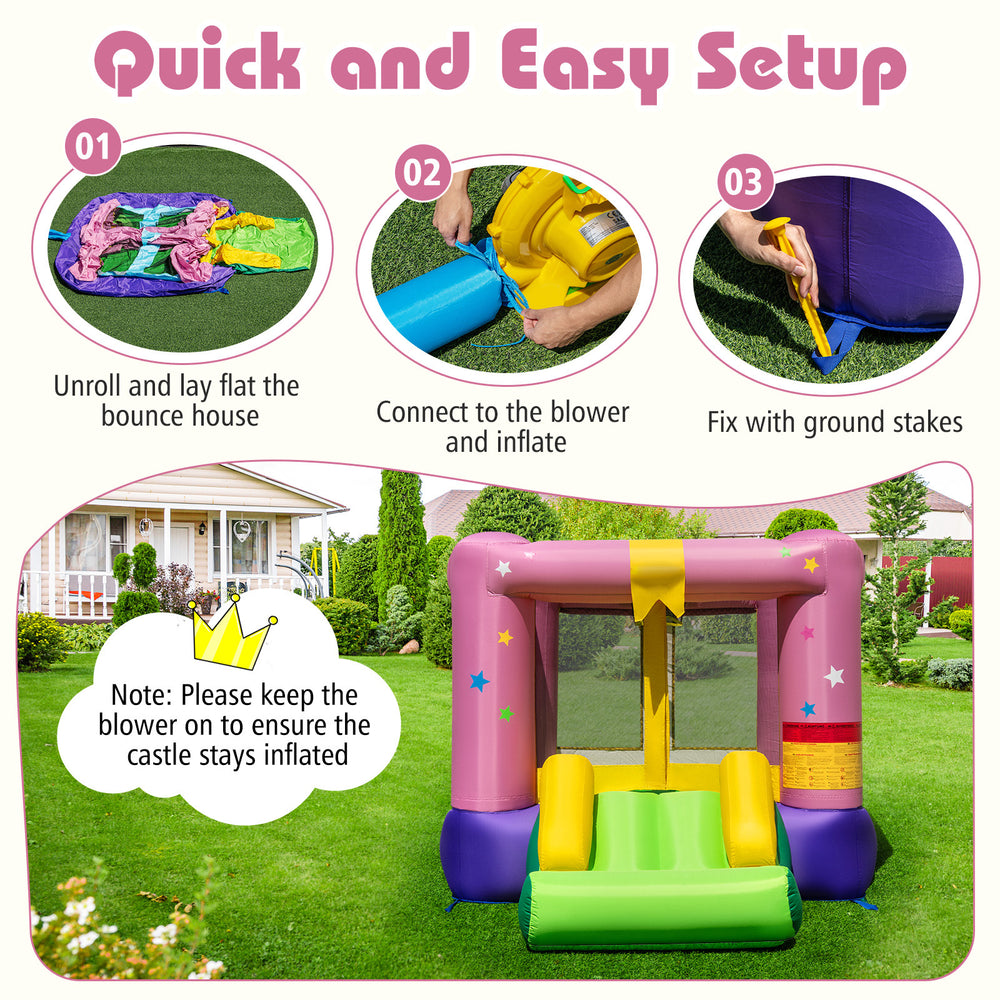 Bouncy castle with slide and basketball hoop, made of durable 420D oxford cloth, ideal for kids' outdoor play.