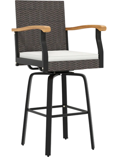 Costway Outdoor 360° Swivel Wicker Bar Stool w/ Cushion & Acacia Wood Armrests 23723788 New