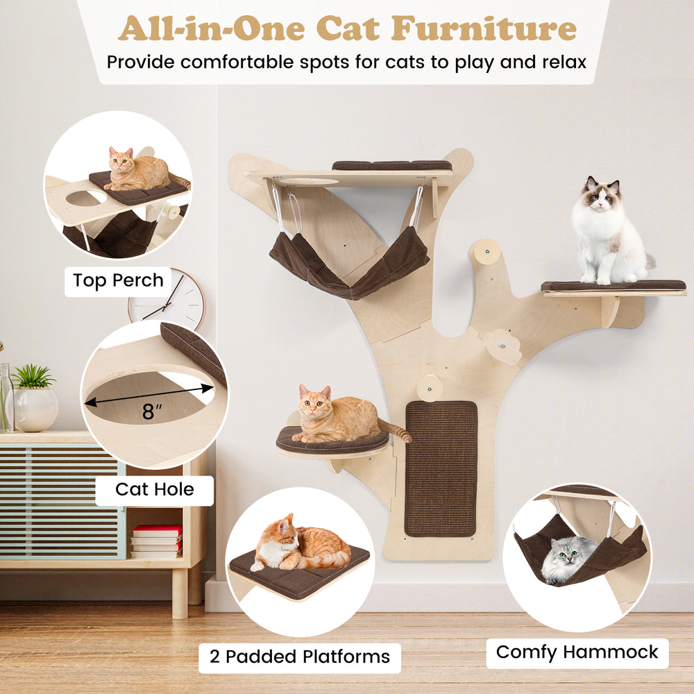 Wall-mounted cat tower with 3 padded platforms, hammock, and cat hole for playful relaxation in brown.