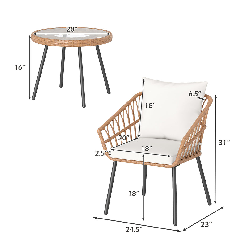 3-piece patio bistro set featuring a beige hand-woven PE rattan chair and tempered glass top table for outdoor elegance.