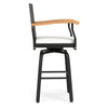 Side view of the One Outdoor 360° swivel bar stool with acacia wood armrests and soft cushion, perfect for backyard use.