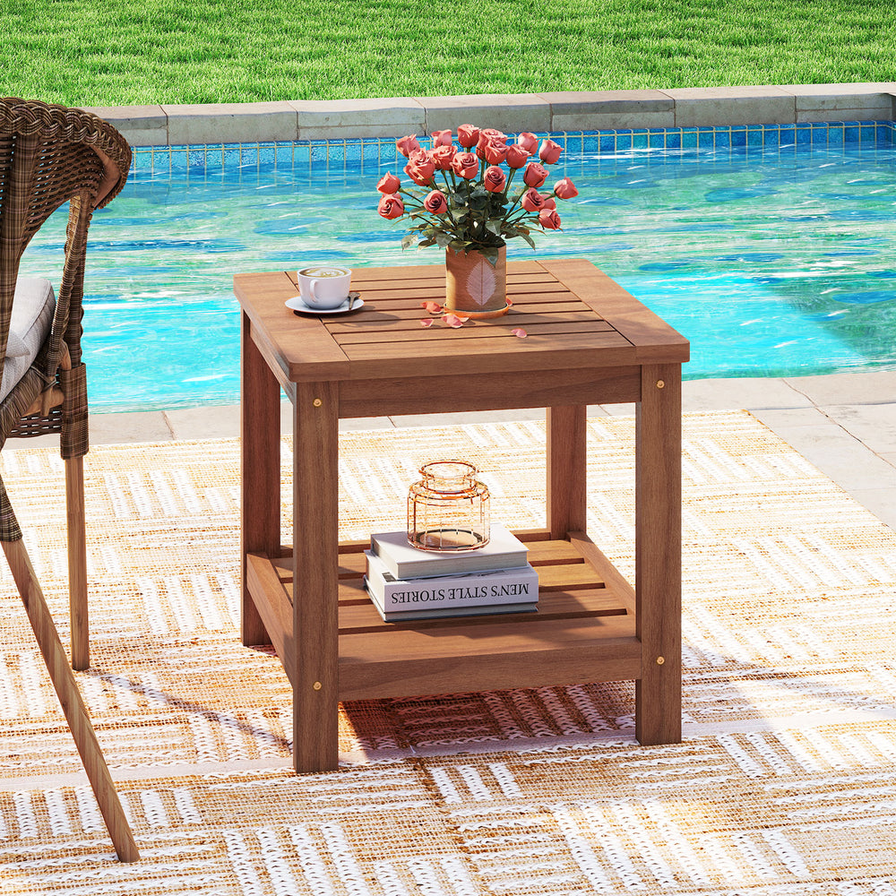 2-tier outdoor side table crafted from solid wood with a waterproof finish, perfect for patio or garden use.