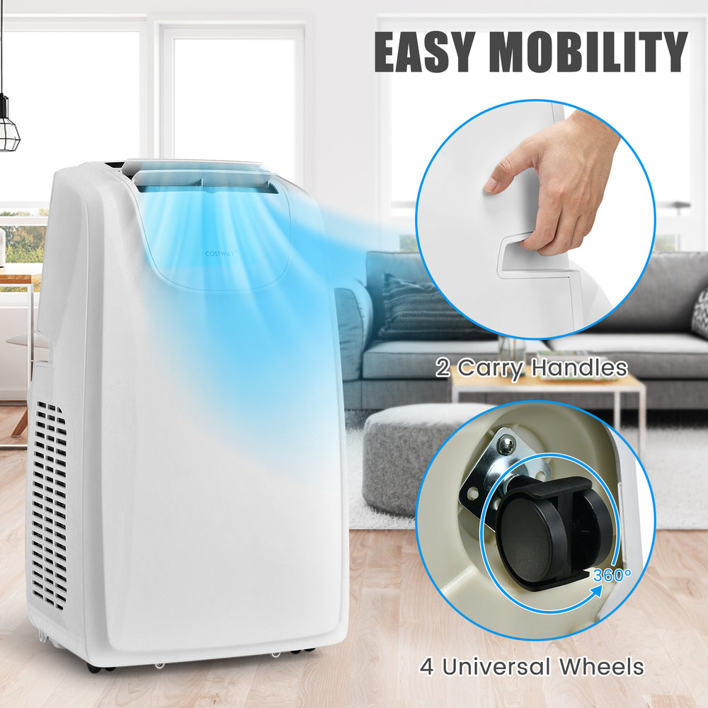 Portable air conditioner with 12,000 BTU cooling, featuring carry handles and universal wheels for easy mobility.