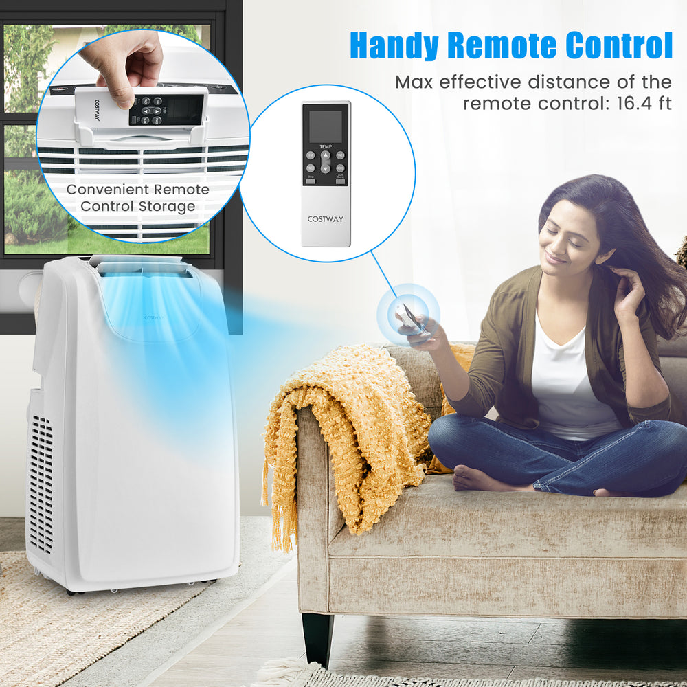 Portable 12000 BTU air conditioner with remote control, ideal for cooling rooms up to 400 sq.ft. for home or office use.