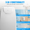 Portable air conditioner with remote control, 12,000 BTU, 3-in-1 functionality for cooling, drying, and fan modes.