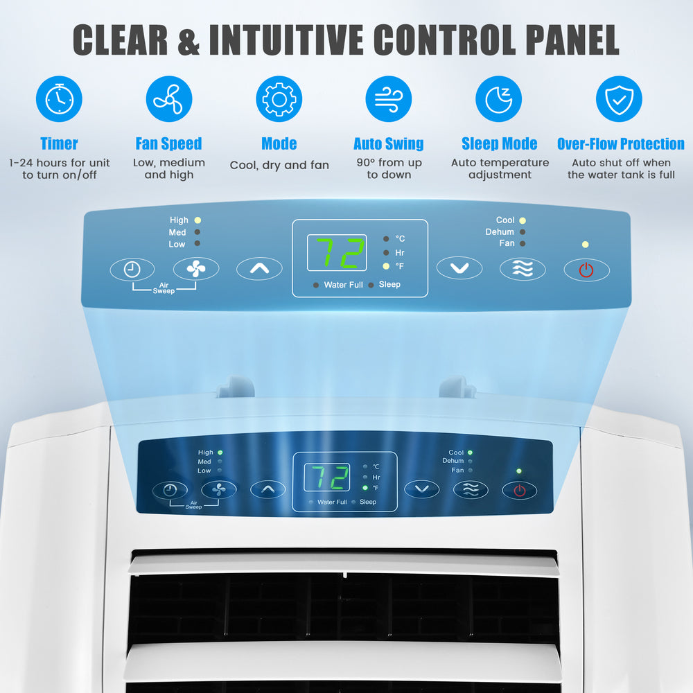 Control panel of the 12000 BTU dual hose portable air conditioner with remote, featuring adjustable louvers and timer.