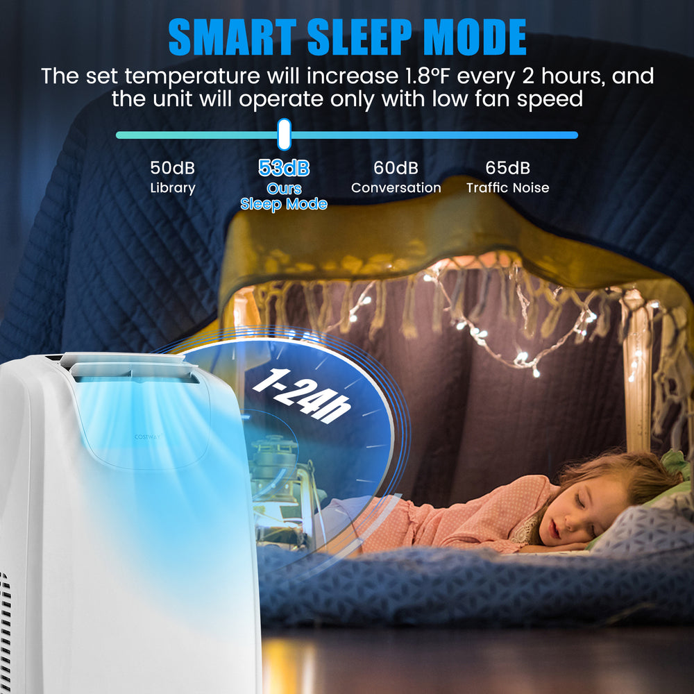 Portable air conditioner with remote control, 12,000 BTU, cooling up to 400 sq.ft, featuring smart sleep mode.