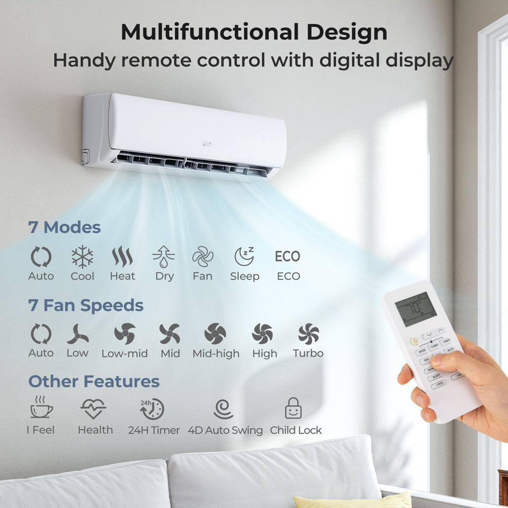 Mini split air conditioner with remote control, 11500 BTU, 7 modes, and 7 fan speeds for efficient cooling and heating.