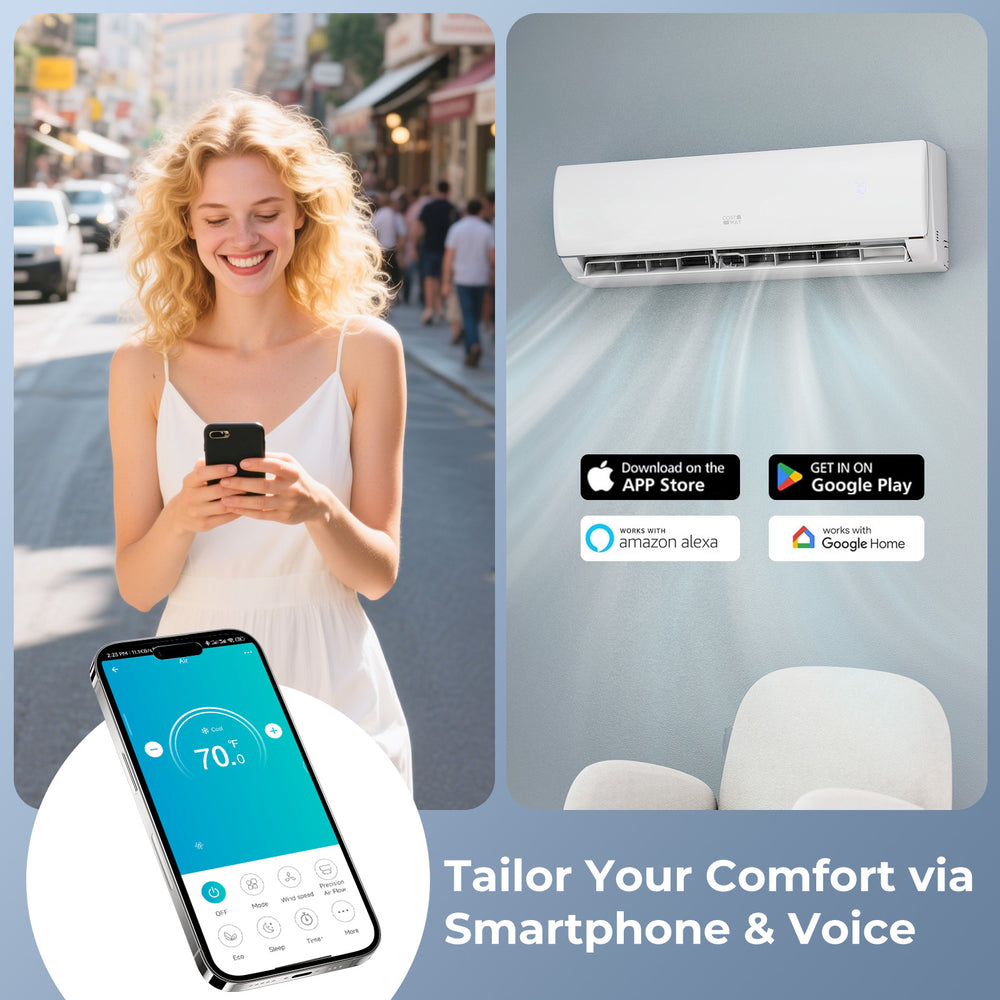Mini split air conditioner and heater with smartphone control, ideal for rooms up to 750 sq.ft, featuring 7 fan speeds.