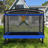 6 FT kids trampoline in blue with swing and horizontal bar, featuring safety net and padded spring cover for secure.